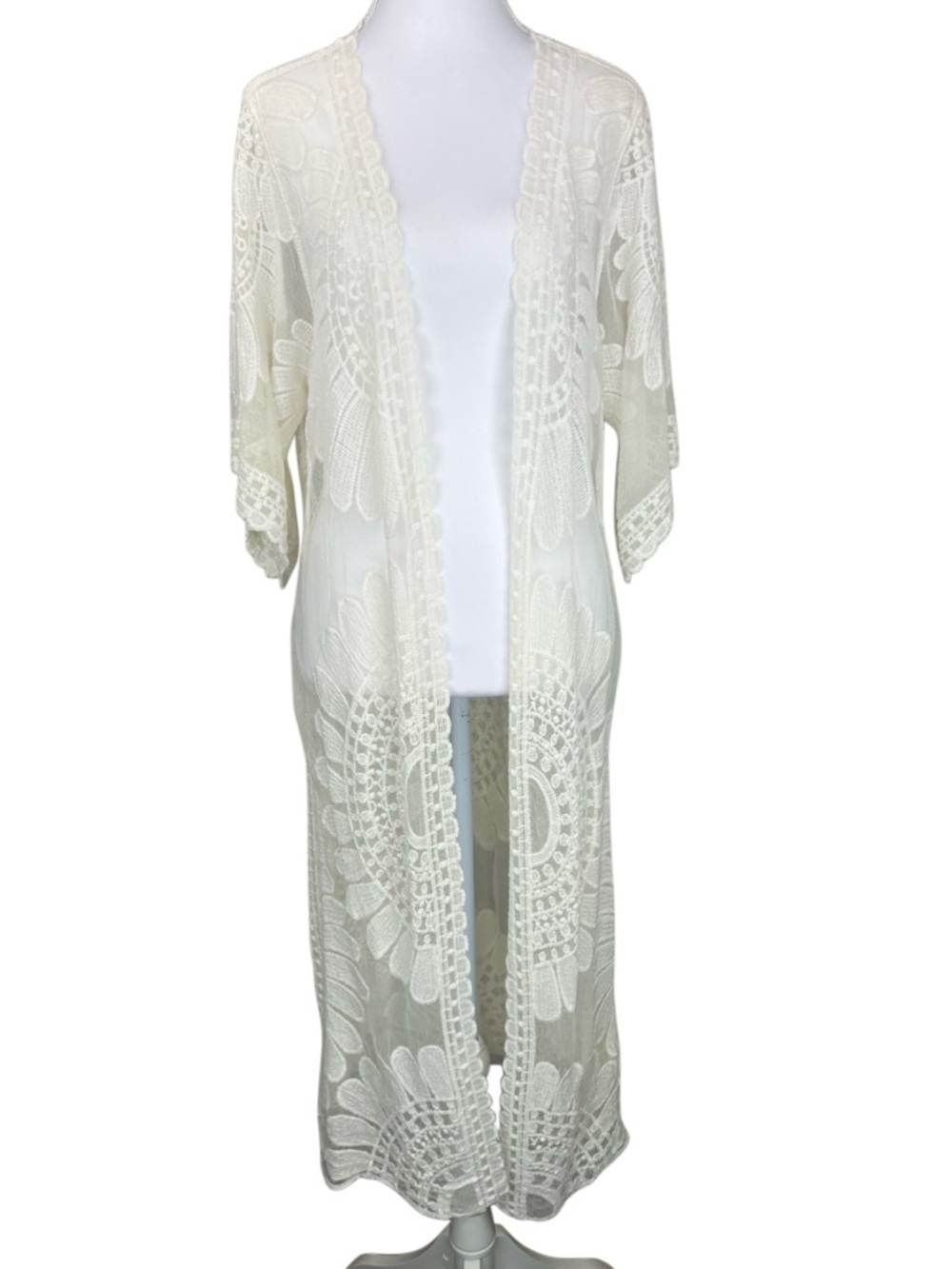 Rebellion Again Ivory Floral Lace Kimono Duster Cardigan Boho Small